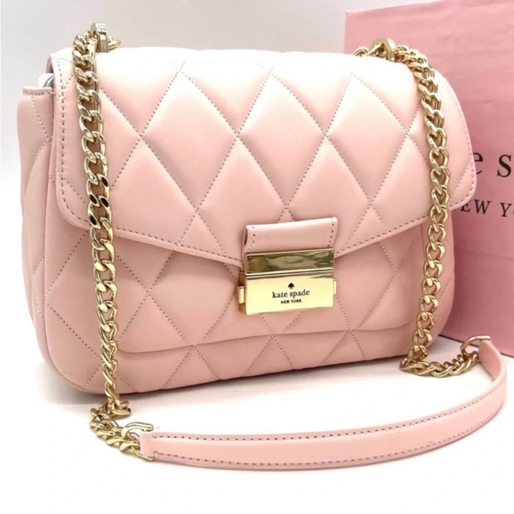 Kate Spade Carey Small Quilted Flap Shoulder Crossbody Bag Light Pink/ Gold - Picture 3 of 10